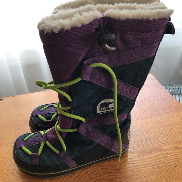 Sorel Shoes - Sorel Glacy Explorer Women’s Tall Boot Purple, Navy, & Lime Green 7 waterproof